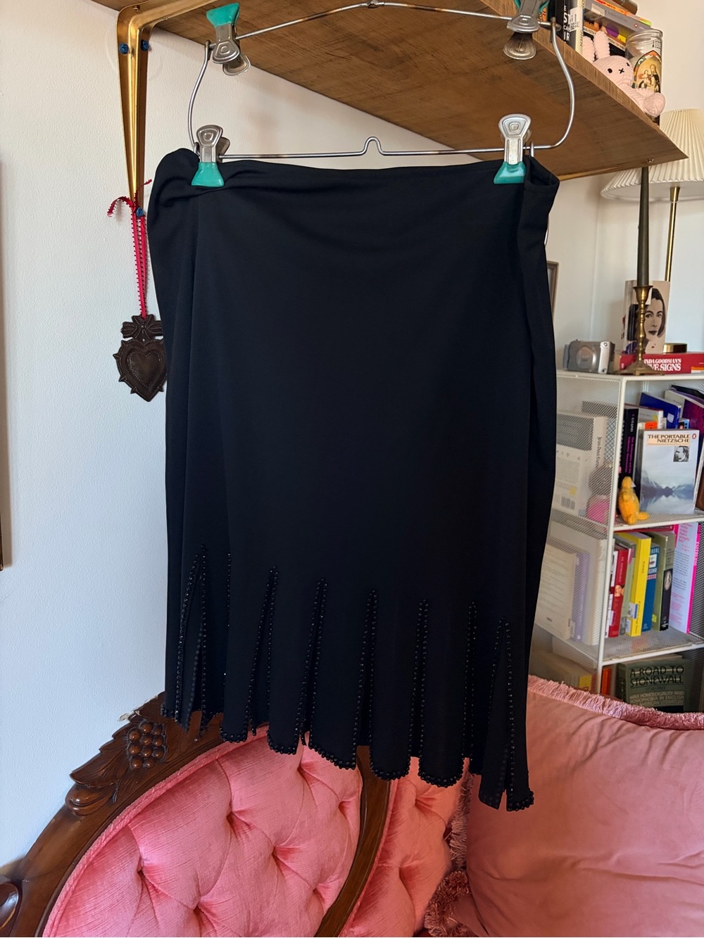 Vintage Black Midi Skirt with Beaded Scalloped Hem